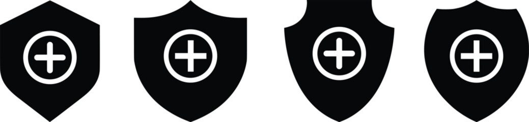 Fototapeta premium Medical Shield Protection Icons Set with Plus Symbol, Healthcare Safety and Insurance Emblem, Minimal Black Security Badge Vector Illustration