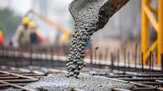 Construction workers pour concrete into the foundation of a building on a rainy day, with cranes in the background.