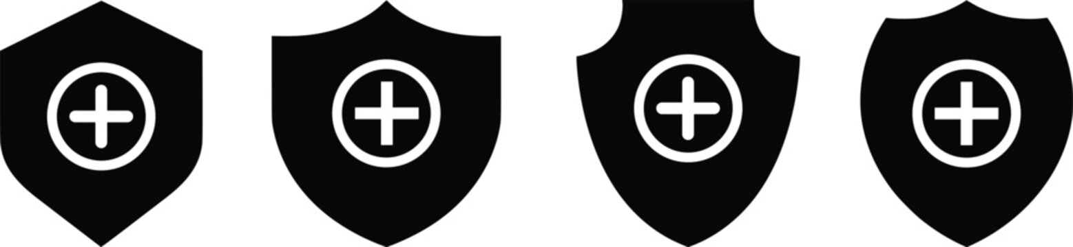 Medical Shield Protection Icons Set with Plus Symbol, Healthcare Safety and Insurance Emblem, Minimal Black Security Badge Vector Illustration