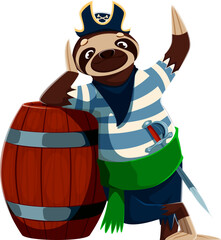 Obraz premium Cartoon sloth animal pirate vector character leaning on large wooden barrel. Corsair smiling lazily in a striped shirt and green sash and has a sword tucked at his waist, ready for sea adventures