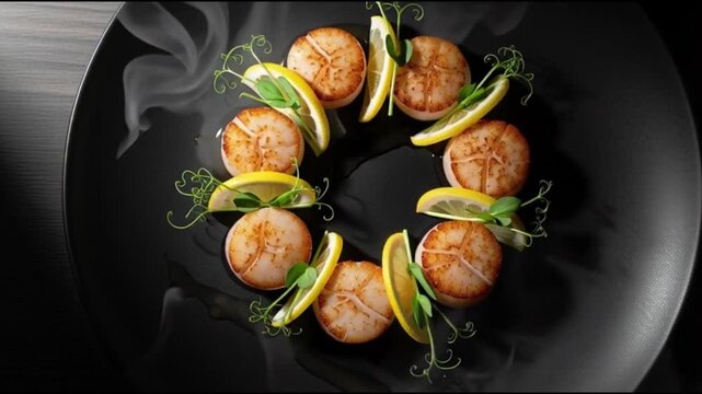 Pan-seared scallops arranged in a circular pattern on a black plate with lemon slices and herbs