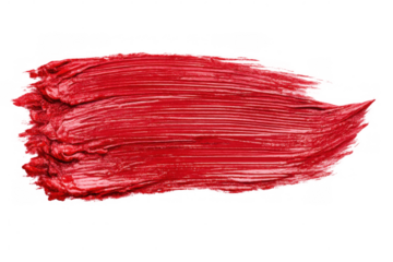 Red lipstick or acrylic paint brush stroke applying textured smear, vibrant cosmetic swatch isolated on transparent background