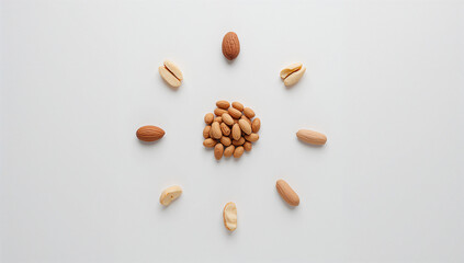 各ナッツ1粒を放射状に配した極ミニマルな種類比較フラットレイ