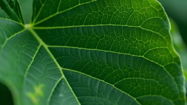 Macro view of a vibrant green leaf with intricate vein patterns
