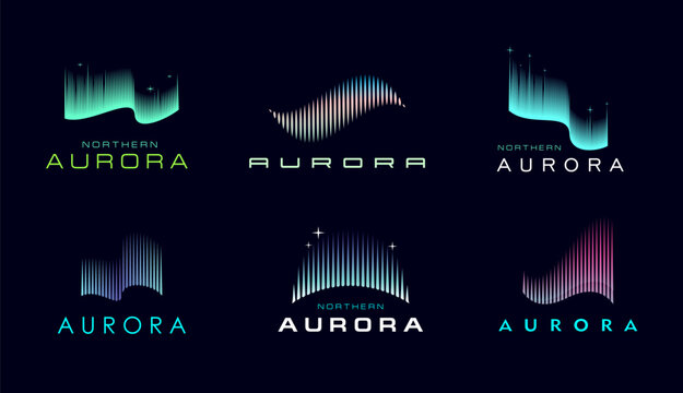 Northern aurora borealis sky wave light icons. Vector abstract northern light and aurora borealis isolated symbols set with gradient green purple line waves and glowing North Polar stars
