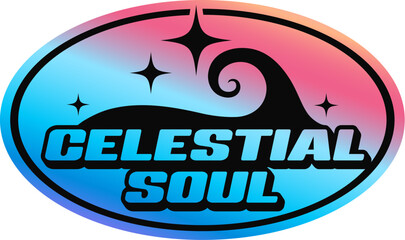 Celestial soul hologram vintage Y2K sticker or tag. Glossy iridescent Y2K sticker, reflective foil retro vector tag. Metallic color hologram patch or label with star, wave and typography
