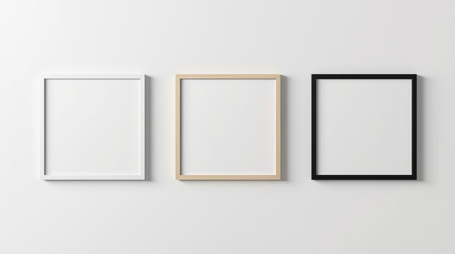 Minimalist mockup of three empty square picture frames (thin white, natural light wood, matte black) aligned on a light neutral wall. Features a clean modern design with smooth surfaces, subtle depth,