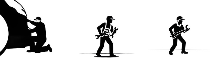 Silhouette of auto mechanic or repairman working with tools isolated on white background