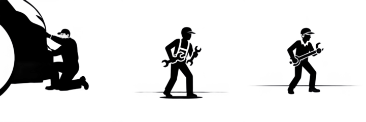 Silhouette of auto mechanic or repairman working with tools isolated on white background