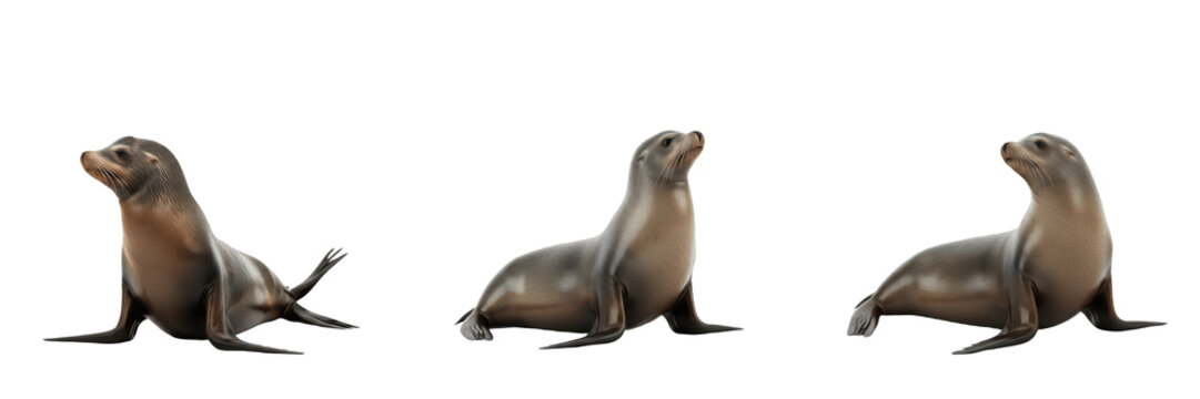 Sea Lion Animal Set Showing Three Full Body Poses Isolated on White Background