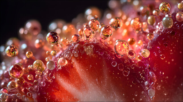 Strawberry macro bubble droplet sparkling red juicy translucent detail, hyper real photography with fresh texture and bokeh light