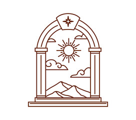 Naklejka premium Mystic Boho arch, magic Bohemian doorway. Mystic magic linear vector portal door, esoteric zodiac arch. Tarot card fantasy celestial or Boho element with stairs, sun, clouds and mountain range peaks