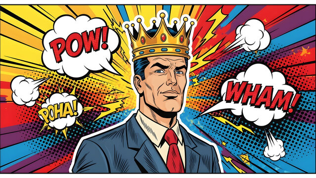 Successful monarch businessman wearing royal gold crown leader boss male executive arrogant ego power concept character illustration vector vintage retro pop art comic portrait drawing