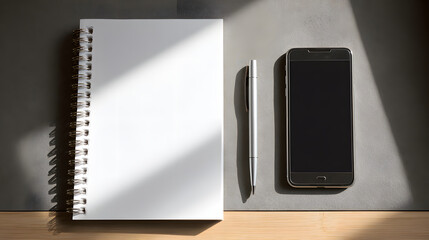 Minimal modern office desk notebook pen smartphone blank page under sunlight, top view workspace for business planning, copy space