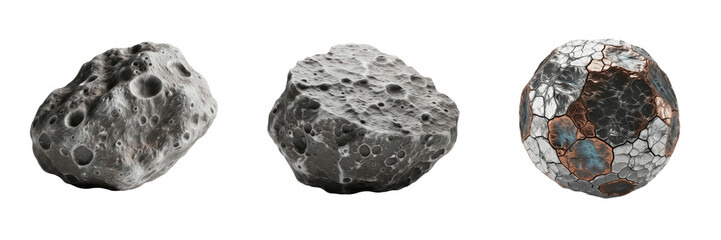 Meteorite Stone Set Showing Three Space Rocks with Different Textures Isolated on White Background