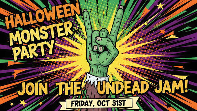 Retro comic book pop art vector illustration of a decaying green cartoon zombie hand rising from the ground making a heavy metal rock gesture sign for a spooky Halloween party event.