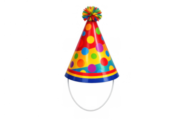 Colorful polka dot party hat with pom-pom celebrating birthday festive events and joyful occasions on transparent background
