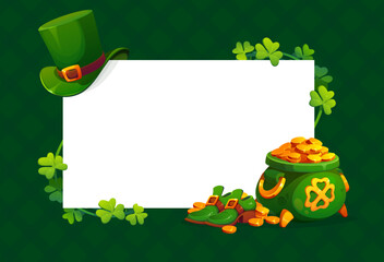 Fototapeta premium Leprechaun symbols on St Patrick's day greeting card. Saint Patrick greeting card vector border, Ireland party banner frame with leprechaun top hat and shoes, shamrock clover leaves and pot of gold