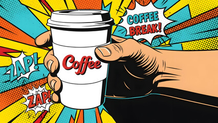 Vibrant pop art illustration of a human hand clutching a retro takeaway coffee paper cup with steam in a vintage comic book style featuring bold halftone patterns and bright colorful graphics.