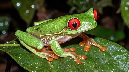 Fototapeta premium A vibrant green red eyed tree frog rests on a leaf showcasing its striking bright red eyes and orange feet in a natural forest habitat
