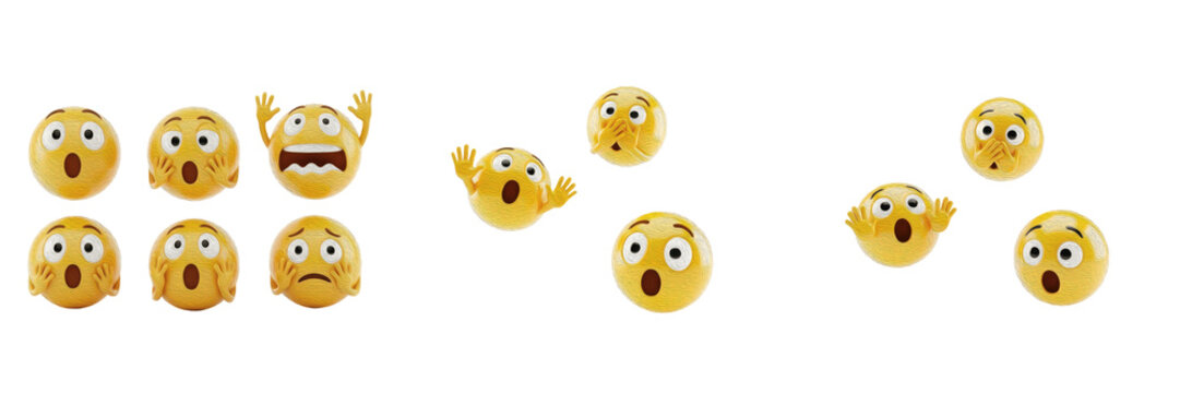 Collection of 3D Shocked and Surprised Yellow Emoji Faces Isolated on White Background - Expressive Emoticon Character Set
