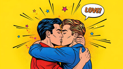 Vibrant pop art retro comic illustration of a romantic homosexual male couple sharing an intimate moment with a tender hug and passionate kiss during a colorful pride celebration event
