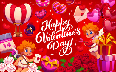 Naklejka premium Happy Valentine day greeting card with love holiday hearts and cupids, cartoon vector. Valentine day greeting with cupid cherubs or angels with love message envelopes, heart balloons and wedding gifts