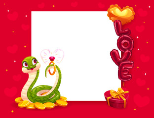 Obraz premium Valentine day banner for love holiday greeting card with snake, vector poster. Valentine day frame with love word balloons, gift and cute snake with golden ring for wedding, marriage or engagement