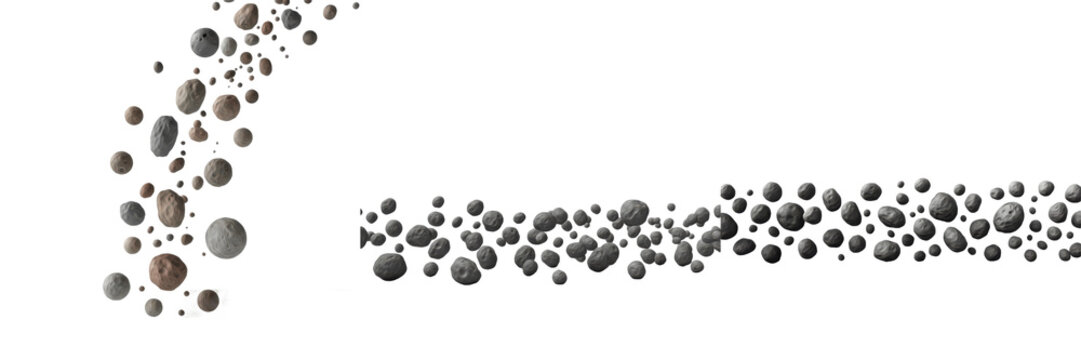 Set of realistic porous grey stones and flying space asteroids with crater texture isolated on white background.