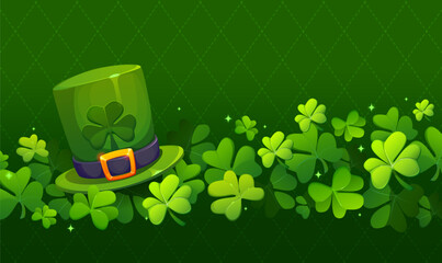Happy St Patrick's day holiday banner with shamrock clovers and leprechaun hat. Saint Patrick festive vector wallpaper, Irish holiday green background or banner with green top hat, clover leaves