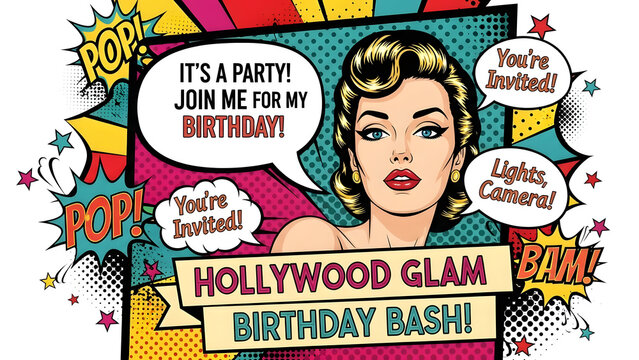 Glamorous Vintage Pop Art Girl Portrait for Hollywood Movie Star Party Invitation or Retro Birthday Greeting Card Graphic Illustration Advertising Poster Design with Comic Aesthetics