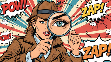 Obraz premium Mysterious female detective investigating evidence magnifying glass vintage comic illustration vector lady inspector searching for secret clue in retro pop art aesthetic design
