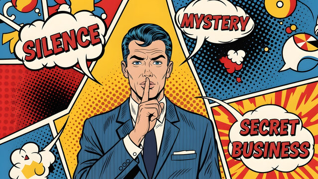 Retro vintage pop art illustration of a mysterious businessman in suit making a shushing finger gesture over lips for silence and secret corporate concept in comic book design aesthetic