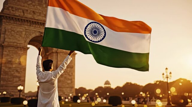 A man proudly holds the Indian flag in front of a historic monument during a beautiful sunset video india republic day