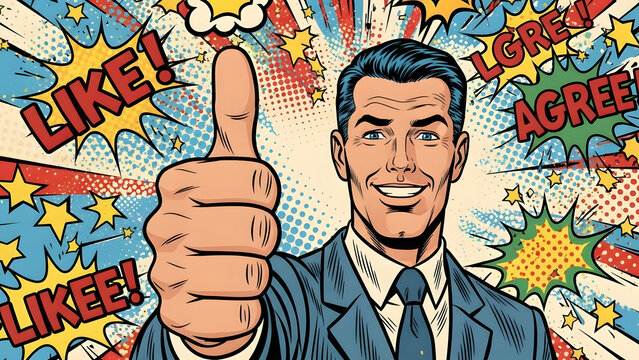 Successful professional businessman in suit gesturing approval with thumb up in retro vintage pop art comic book featuring halftone dots and vibrant colors for positive feedback