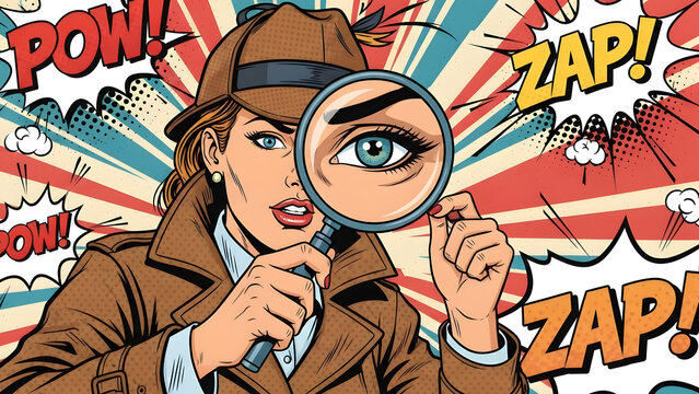 Mysterious female detective investigating evidence magnifying glass vintage comic illustration vector lady inspector searching for secret clue in retro pop art aesthetic design