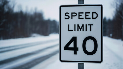 Icy speed limit sign on snowy road &mdash; symbol of caution and winter reality