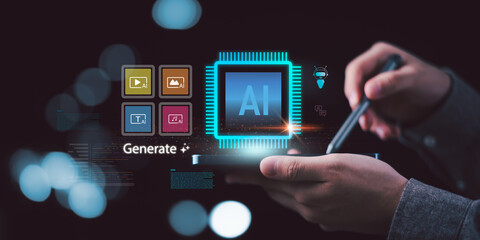 A creative technologist generates multimedia content using artificial intelligence software, highlighting AI powered creativity, automated content creation, machine learning tools, next generation