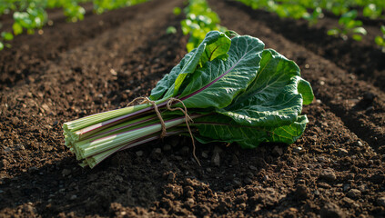 収穫期のスイスチャードの束を畑の土上に置き、刈り跡が見える静物シーン