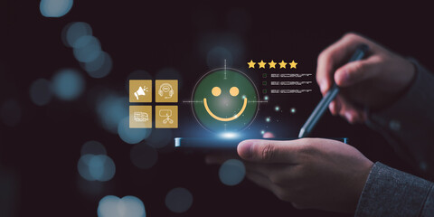 A customer service analyst reviews five star ratings and feedback icons on a digital interface, highlighting service quality evaluation, user experience monitoring, customer satisfaction management.