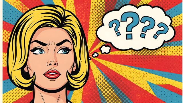 Vintage Pop Art Vector Illustration of a Skeptical Woman with Puzzled Facial Expression and Question Marks Floating Over Her Head Representing Doubt and Confusion in Retro Comic Book