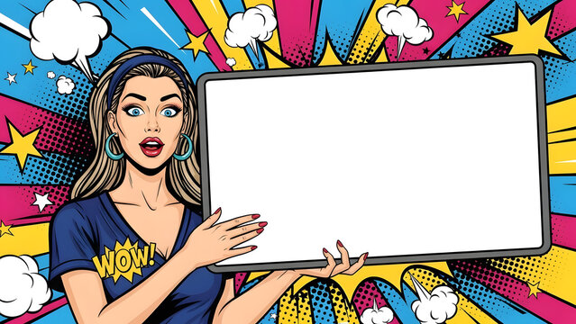 Stunning expressive female face surprised young woman posing near blank advertising board mockup vector colorful background illustration in retro pop art comic book