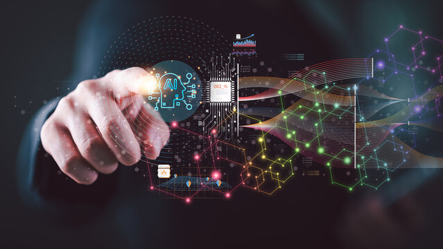 Data scientist interacting with artificial intelligence system through digital interface, AI analytics, machine learning, big data processing, neural network visualization, business innovation. - Powered by Adobe