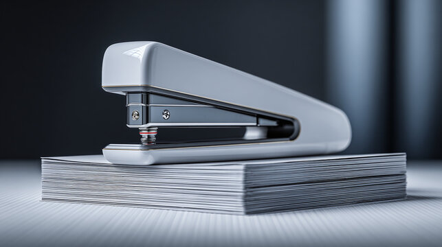 A close-up shot of a stapler resting atop a stack of paper. The sleek design of the stapler and the crispness of the papers create a sense of order and efficiency