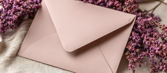 Close animated movie dried bloom resting on blush pink card with soft purple sprigs framing
