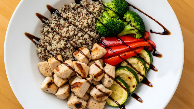A healthy meal consisting of quinoa, grilled chicken, and steamed vegetables on a white plate