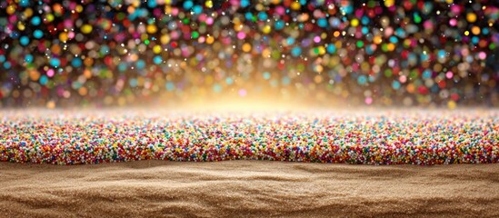 Confetti particles suspended above a sandy surface in a vibrant rainbow color palette and shallow depth of field