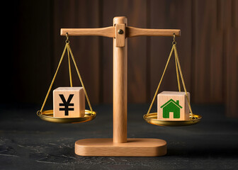 Money of yen or yuan and wooden house on scales. Fair value of real estate and housing. Payment of the mortgage interest rates. Redemption of taxes and apartment valuation. Tax refund.
