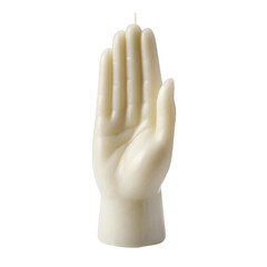 White hand-shaped candle with raised palm design for decorative purposes in home decor