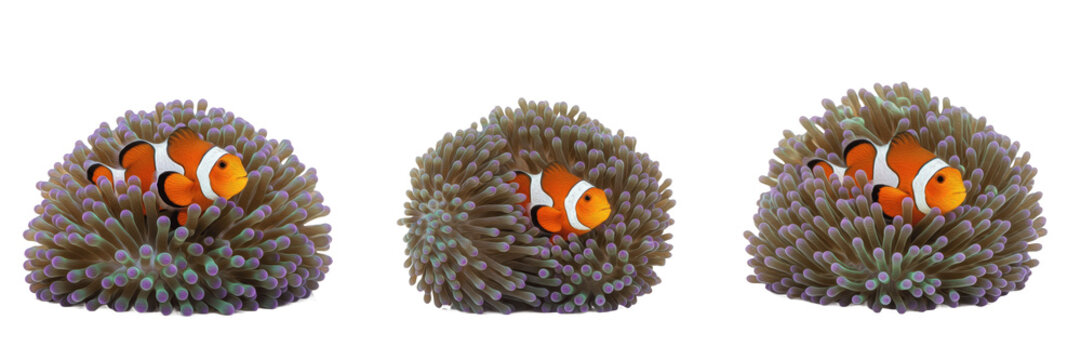 Set of Clownfish in Sea Anemone Isolated on White Background